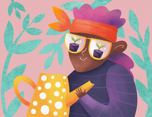 A girl with a yellow watering can is gardening at home