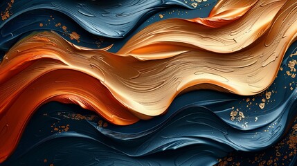An innovative background created from wavy panels of iridescent blue and gold orange tones changing hue with the angle of view. 