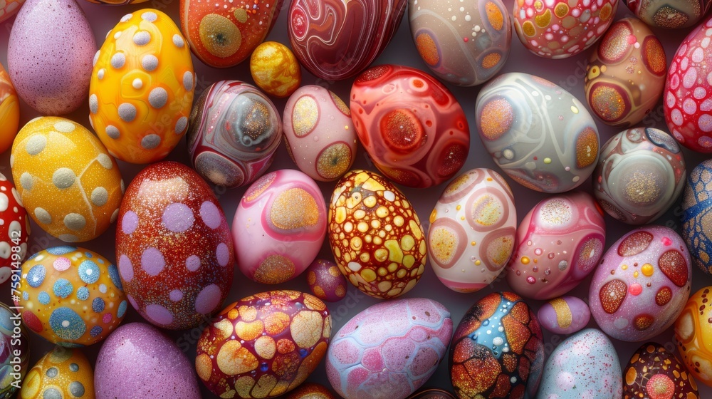 Poster a close up of a bunch of eggs with different colors and designs on them, all of which have dots and dots on them.