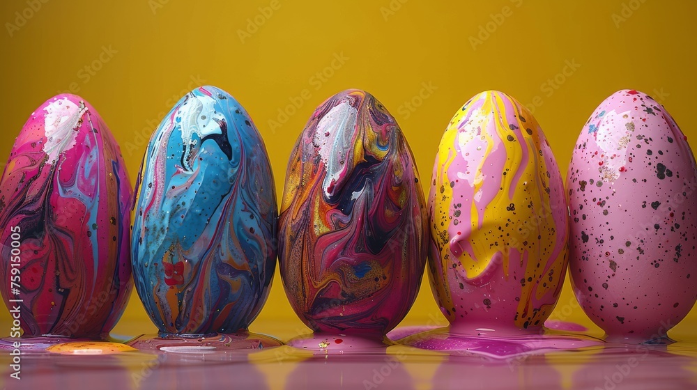 Poster a row of painted easter eggs sitting on top of a table next to each other on top of a yellow surface