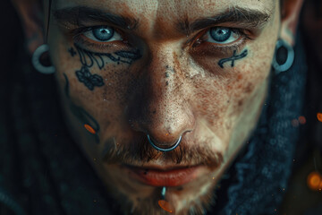 Young informal man with piercing and tattoo on his face - obrazy, fototapety, plakaty