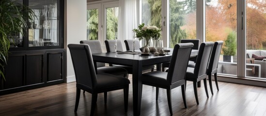 Modern dining room with dark wooden table and stylish chairs.