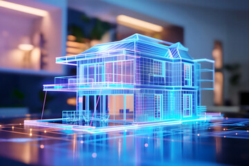 Modern digital 3d hose model, home design concept, mortgage,, glowing architecture background, template with copy space area