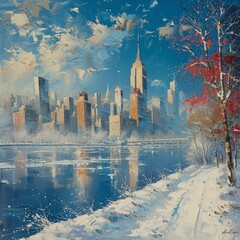 A winter wonderland unfolds as the cityscape skyline becomes a canvas of pure white snow, creating a magical ambiance. 