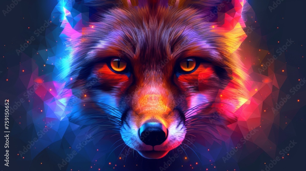Poster a close up of a wolf's face on a dark background with colorful lights and stars in the background.