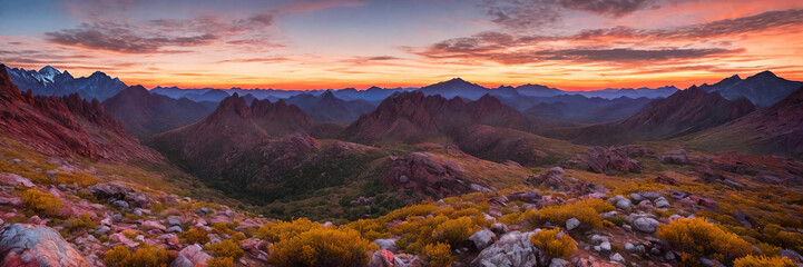 Rugged beauty of a mountain range at golden hour, with the sun setting in the background - 759150667