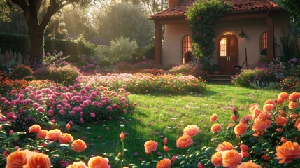 A vibrant cottage garden overflowing with fragrant roses and wildflowers, with a hidden nook for organic lawn care products, showcasing - obrazy, fototapety, plakaty