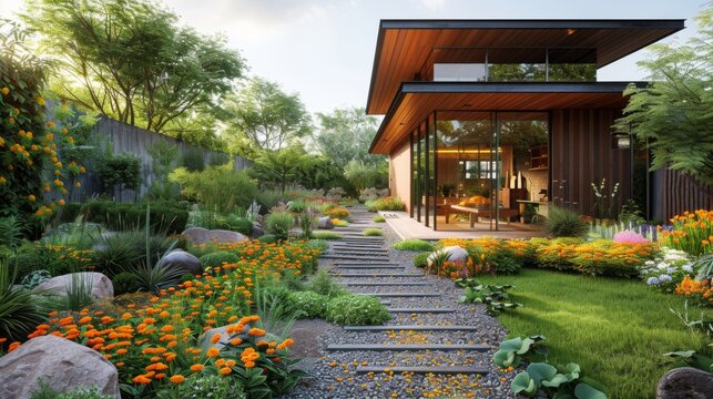 A wildlife-friendly garden with native plants and a wildflower meadow, next to a shed stocked with eco-friendly lawn care supplies, including organic fertilizer, showcasing how garden design