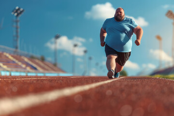fat man runs on the stadium track cardio workout for weight loss - obrazy, fototapety, plakaty