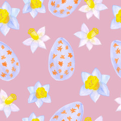 Pattern Easter seamless pattern of Easter eggs and narcissus flower on a pink background