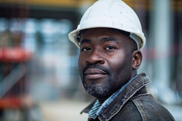 African American man builder engineer in hardhat at building site