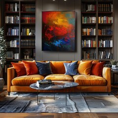 A sleek and contemporary living room features a luxurious sofa that beckons relaxation. A well-stocked library adorned with books of various genres adds character and sophistication to the space.