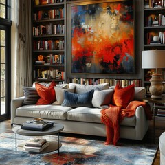 A sleek and contemporary living room features a luxurious sofa that beckons relaxation. A well-stocked library adorned with books of various genres adds character and sophistication to the space.