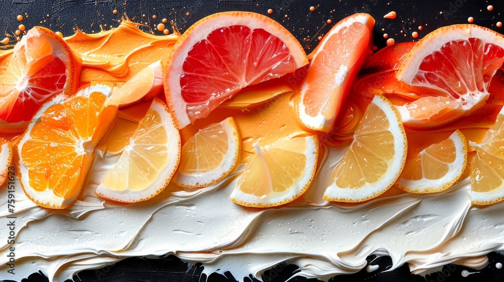 Poster a close up of a cake with oranges and white frosting on a black table with sprinkles.