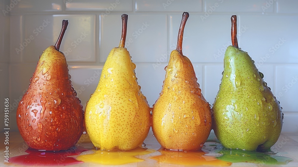 Aufkleber a group of pears sitting on top of a counter next to oranges and pears on top of a counter.