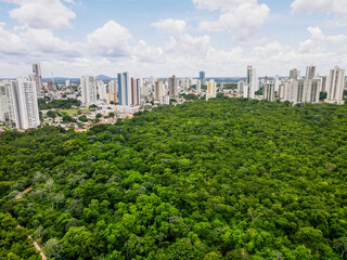 Aerial city scape of Parque Mae Bonafacia park in summer in Cuiaba Mato Grosso