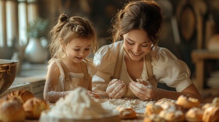 A mother gently wipes flour off her daughter's cheek as they prepare cookies together, a moment of tenderness amidst the fun of baking - obrazy, fototapety, plakaty