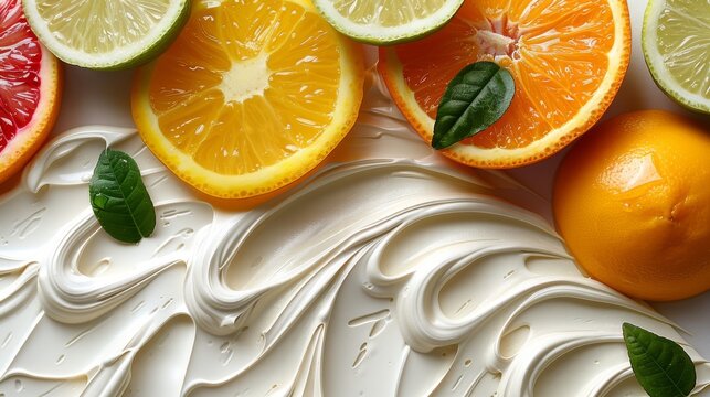 oranges, limes, and grapefruits sitting on top of a white cream frosted surface.