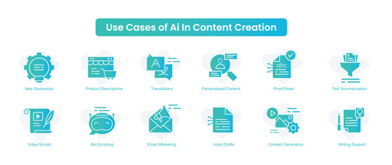 AI Powered Content Creation Icons. The Future of Content: AI Use Case Icons. Editbale Stroke and Colors. Unlocking Content Creation with AI.