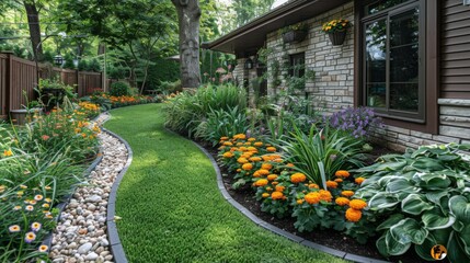 A lush backyard oasis featuring a variety of colorful perennials and a neatly trimmed lawn, with a corner dedicated to organic fertilizer mixtures - obrazy, fototapety, plakaty