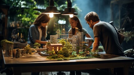 Group of people standing around table with house model