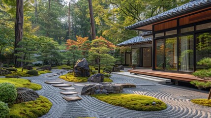A minimalist Zen garden with carefully raked gravel, punctuated by evergreens and a moss-covered area, where a discreetly placed guide offers tips on low-maintenance care and natural - obrazy, fototapety, plakaty
