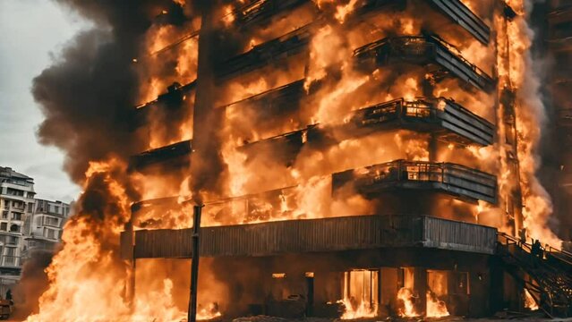 A burning building in the city, fire and heavy dark smoke in the air, air pollution 
