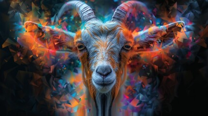 a close up of a goat's face with a multicolored pattern on the goat's face. - obrazy, fototapety, plakaty