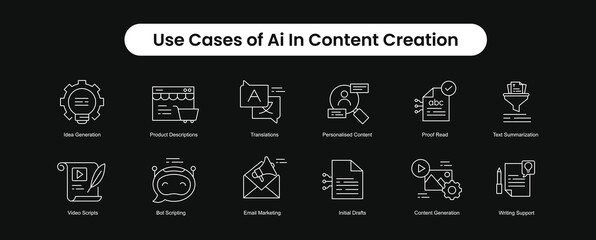 AI Powered Content Creation Icons. The Future of Content: AI Use Case Icons. Editbale Stroke and Colors. Unlocking Content Creation with AI. © Creative_Captain