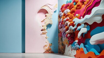  A split image showcasing a bare, white wall on one side and the same wall transformed with a vibrant, finished mural on the other