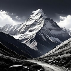 Stunning black, white drawing of majestic mountain range. Nature themed publications, website, travel brochure, meditation app, even as decorative piece in home, offices to evoke sense of tranquility.