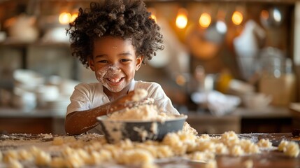 A little boy stirring batter under his mother's guidance, both covered in flour, sharing laughs in the kitchen. - obrazy, fototapety, plakaty