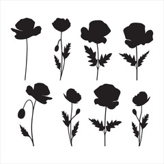 A black silhouette Poppy flower set
