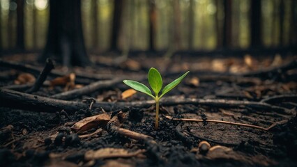A charred and blackened forest floor with a single sprouting seedling symbolising hope for renewal. New beginning, environmental restoration. Earth day. Signs of life. Forest recovery. - obrazy, fototapety, plakaty