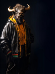 Creative animal concept. Buffalo posing in hip hop stylish fashion isolated on dark background, commercial, editorial advertisement, surreal, copy text space	
