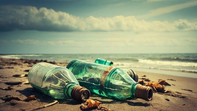 Empty plastic bottles washed ashore on a beach with a polluted sky.
