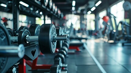 Modern gym. Sports equipment in gym. Barbells of different weight on rack. - obrazy, fototapety, plakaty