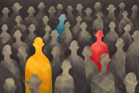 The concept of searching the team in gray crowd