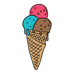 Hand drawn cartoon multicolored ice cream in waffle cone on white background.