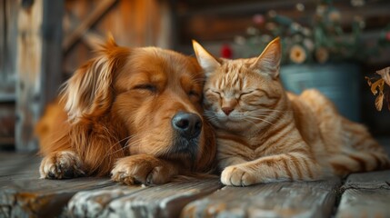 A dog and a cat lying side by side on a porch, enjoying the cool breeze of an evening together