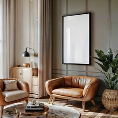 A colored room photographed in dopamine decor. The room has a vertical a3 blank frame mockup white. The frame is bathed in a gentle, reflected light, creating a warm and calming atmosphere