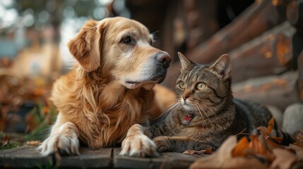 A dog and a cat lying side by side on a porch, enjoying the cool breeze of an evening together