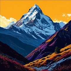 Serene painting capturing majesty of Nepal mountains, trees silhouetted against vibrant sunset. Wall art for home decor, especially in room with calming ambiance, travel brochures, print, logo.