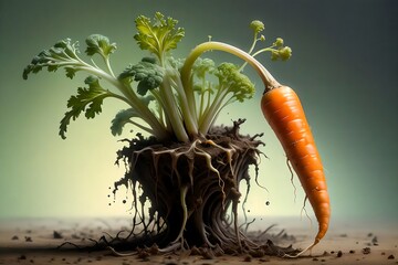 Long carrots in the remains of the soil, with green tops. - obrazy, fototapety, plakaty