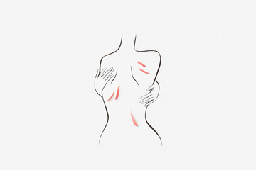 Hand drawn female naked body with red flower petals on back