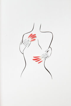 Sketch of woman figure hugging herself with red flower petals