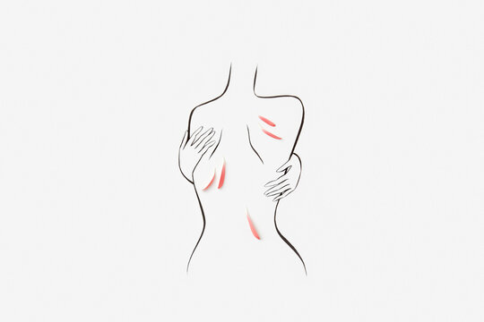 Hand drawn female naked body with red flower petals on back