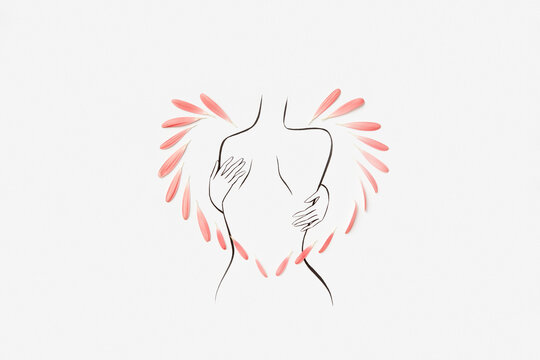 Linear art of naked female figure with flowers petals in heart shape