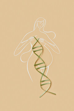 Linear art of pregnant woman knitting DNA molecule structure