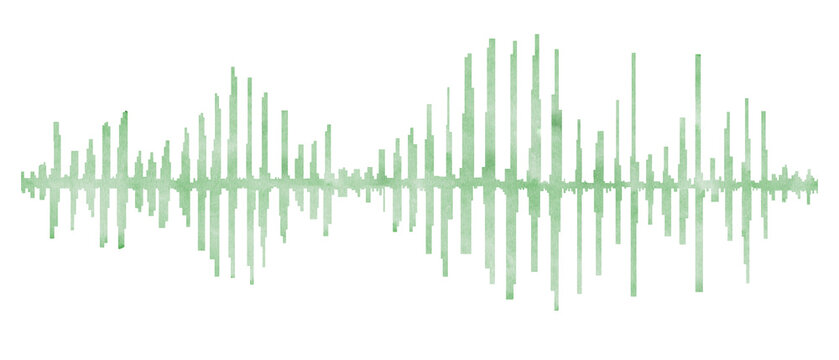 Sound equalizer waves. Seismogram for seismic measurement. Green signal and voice recording. Wave signal. Radio, audio. Pulse, vibration. Watercolor illustration. Polygraph, seismology or music